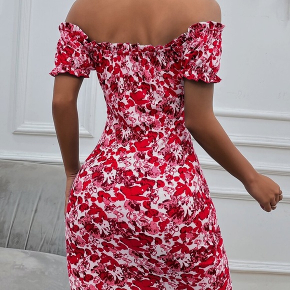 Boho Vibrant Blue Floral Print Off Shoulder Bodycon Dress - Picture 9 of 10